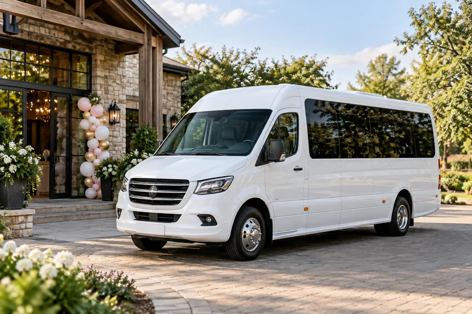 White event minibus beside a celebration venue — editorial illustration